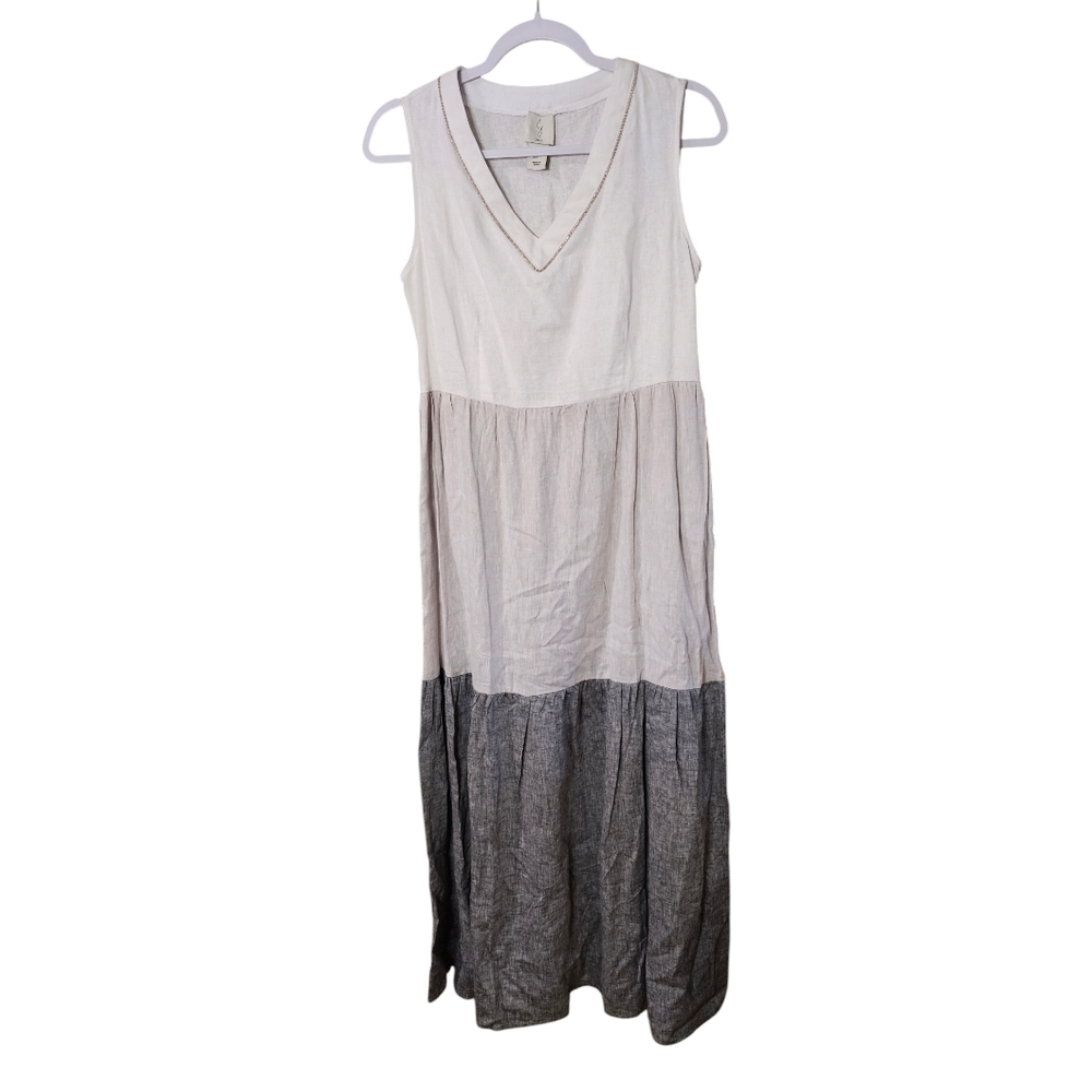 Nwt JOIE SLEEVELESS MAXI LINEN DRESS VNECK POCKETS WHITE GREY 3TIER CUTE